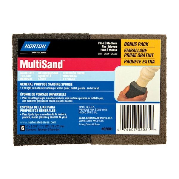 Norton Abrasives Norton MultiSand 4 in. L X 2.75 in. W X 1 in. Fine/Medium Dual Angle Sanding Sponge, PK6 7660702081 - main